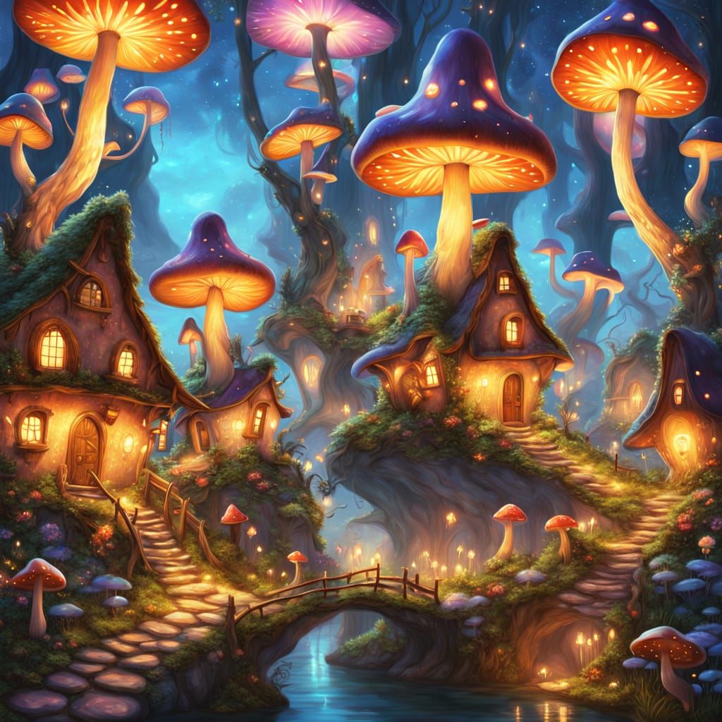 Whimsical Fantasy Village Amidst Towering Mushrooms