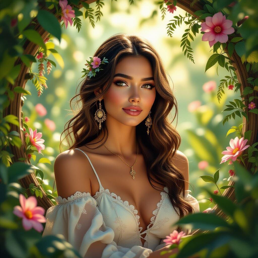 Serene Woman in Lush Golden Fantasy Landscape