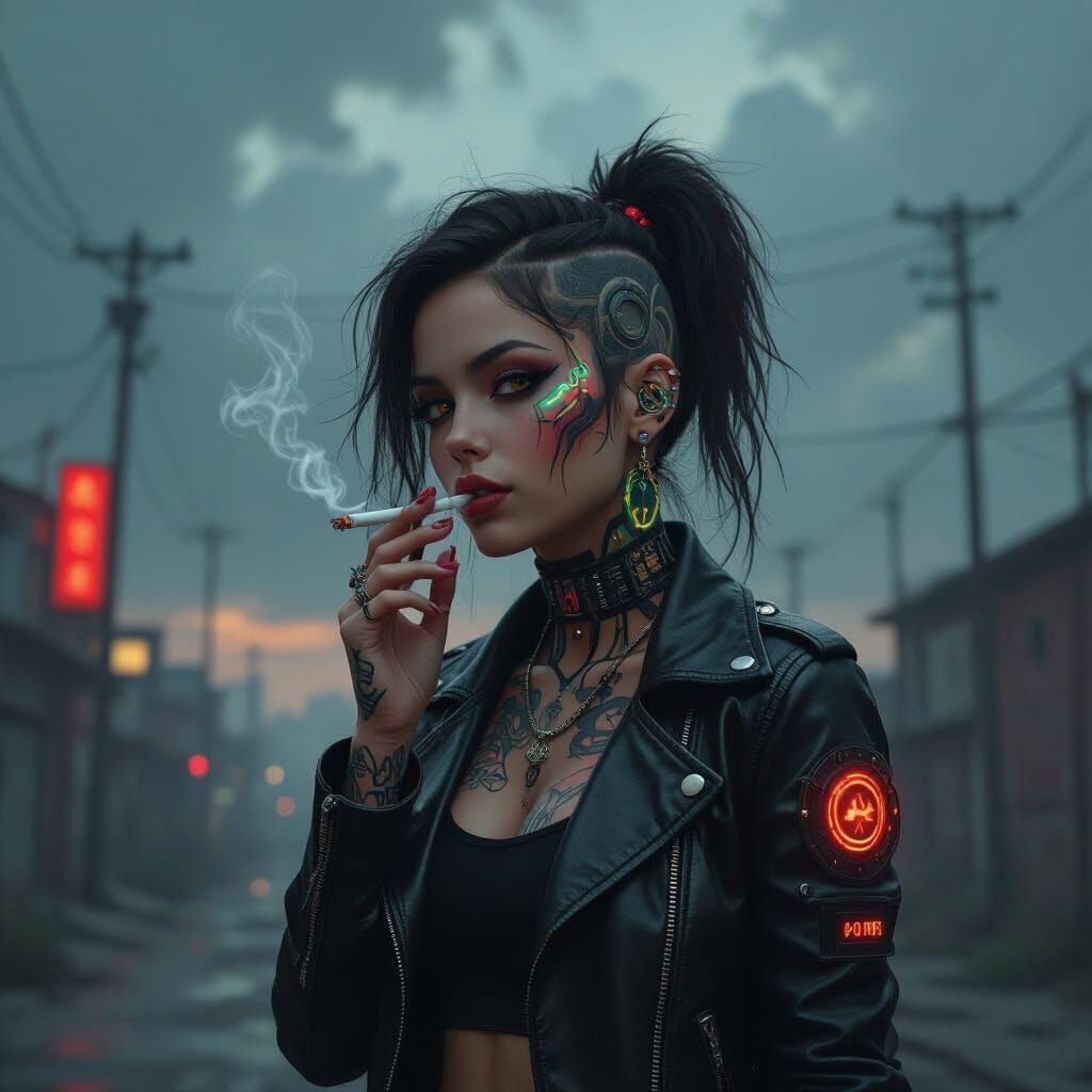 Cyberpunk Girl with Tattoos in a Desolate City