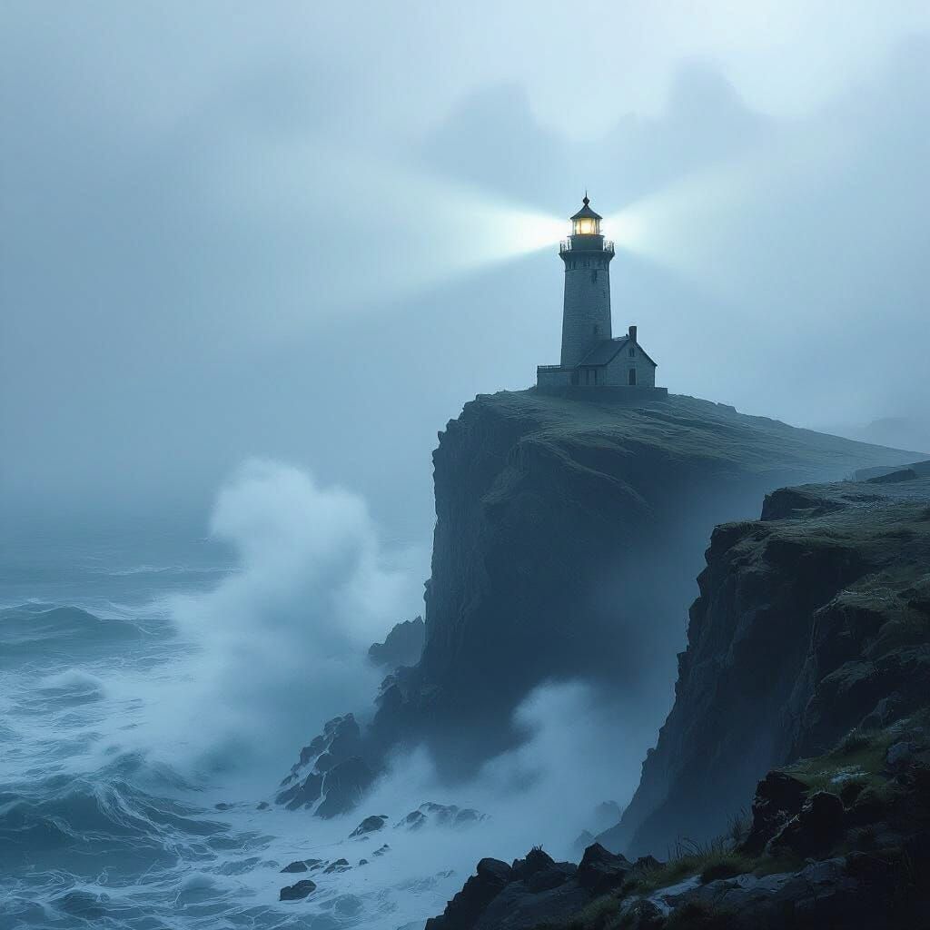 Hyperrealistic Lighthouse Beacon Amidst Stormy Seas