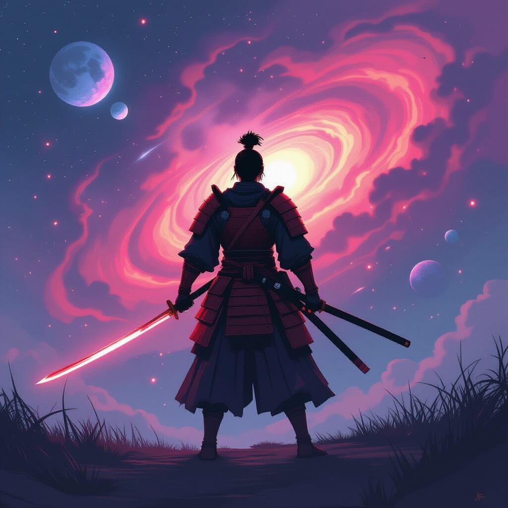 Crimson Samurai Warrior in Cosmic Nebula