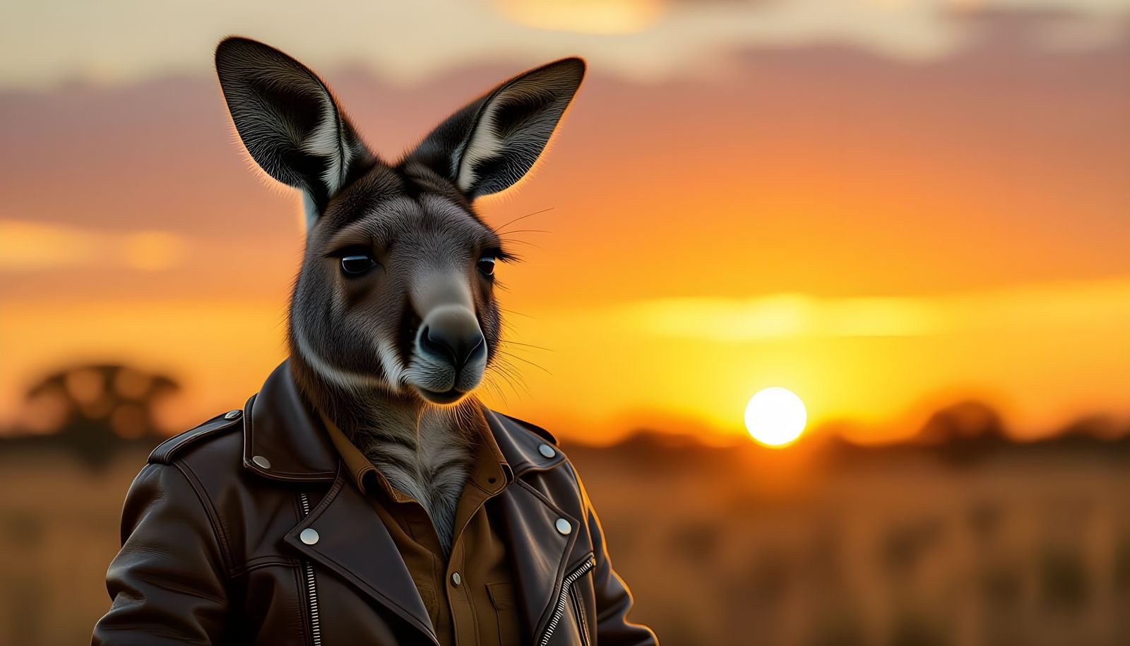 Wise Kangaroo Biker in Outback Sunset