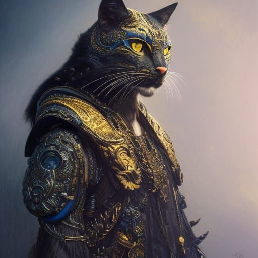 Neon Cat Warrior Portrait in Hyper-Realism Style