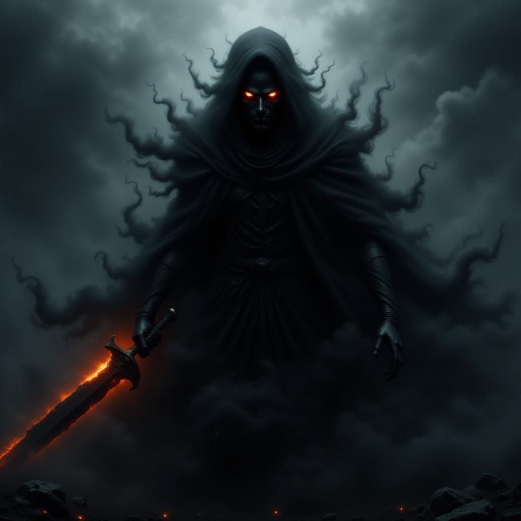 Shadow Deity of Darkest Night with Fiery Sword