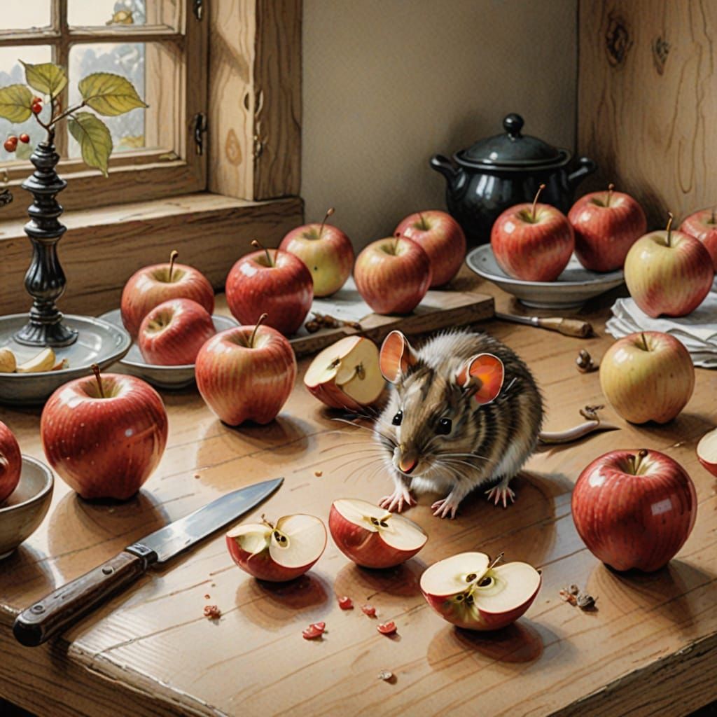 Whimsical Apple Scene in Arthur Rackham Style