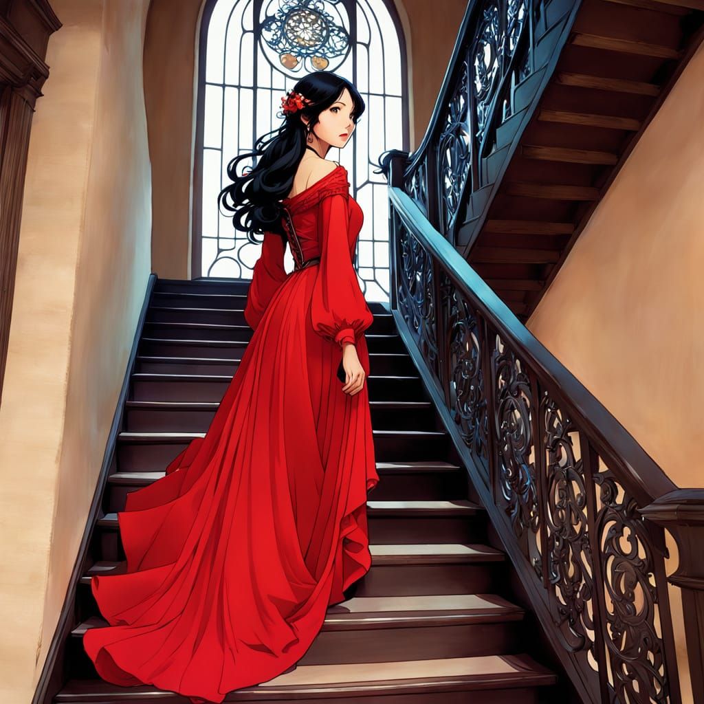 Medieval Woman Descends in Vibrant Cartoon Style