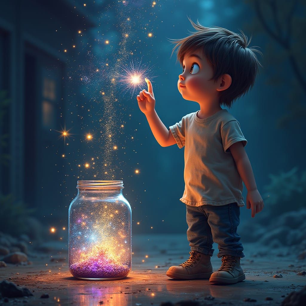 Young Boy Conjures Vibrant Galaxy in the Air