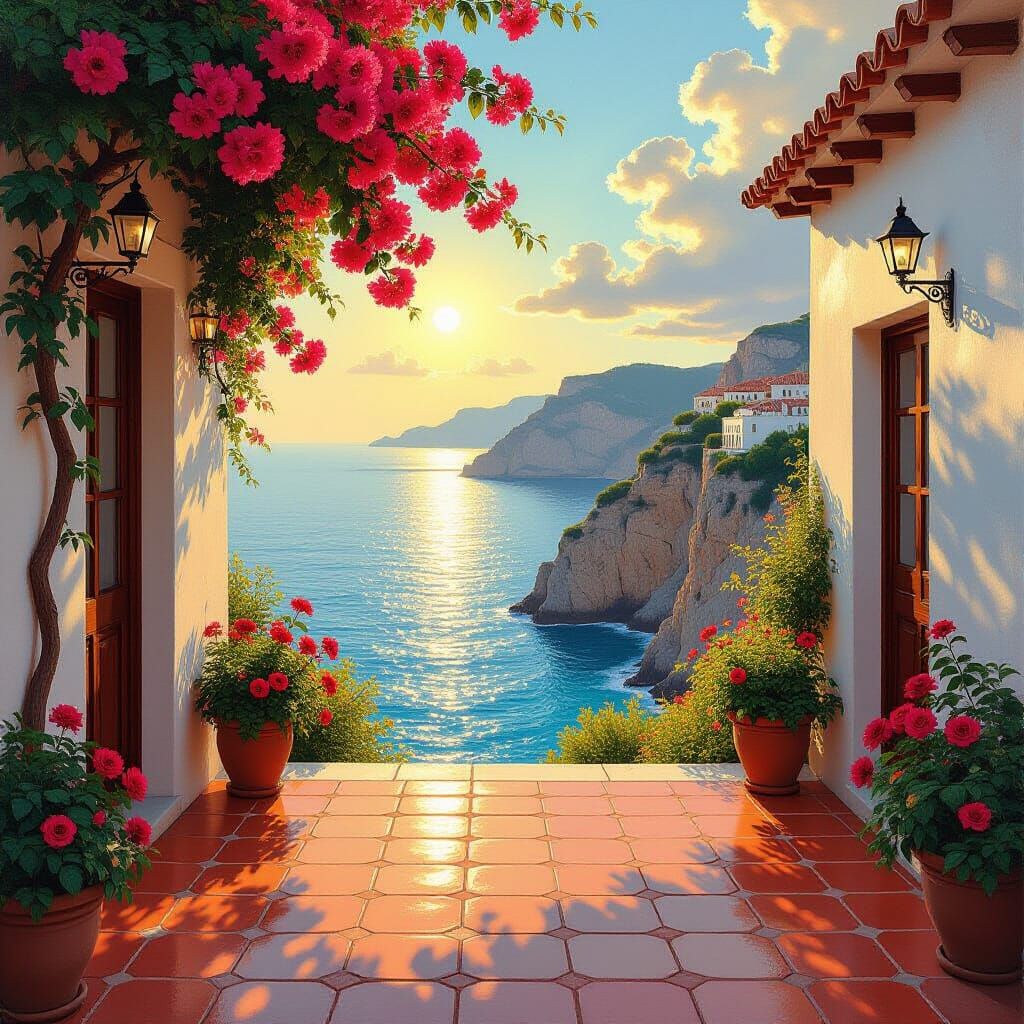 Sun-Drenched Courtyard Overlooking Coastal Cliffs