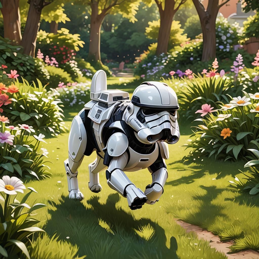 Dog Stormtrooper in Sunny Garden: Cartoonish Digital Art