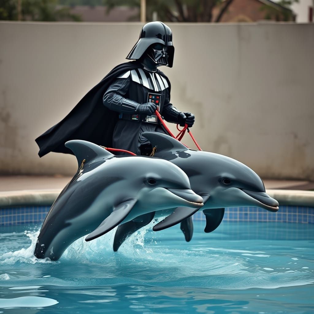Darth Vader Rides Majestic Dolphins in a Miniature Pool