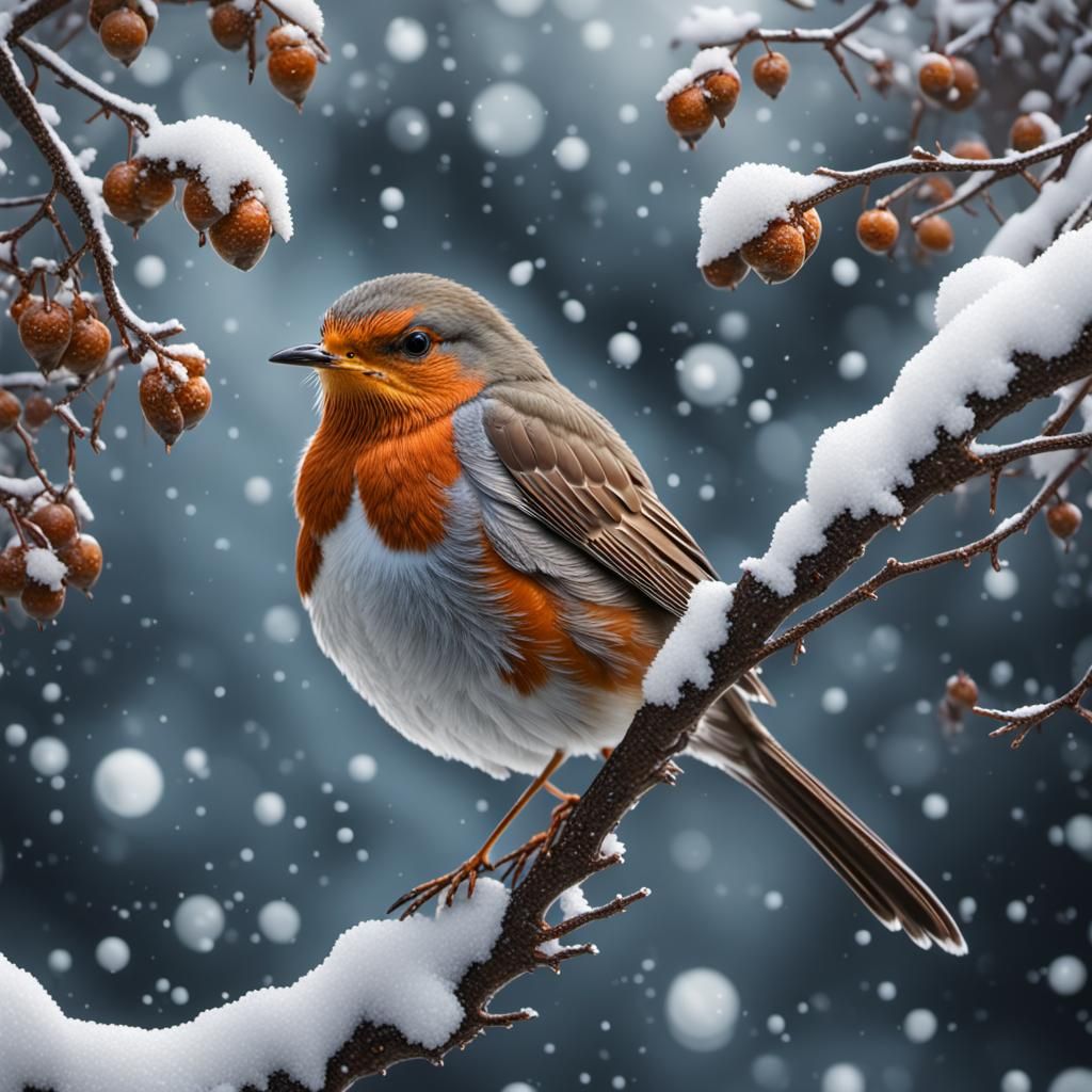 Robin on Snowy Branch: Detailed Realism