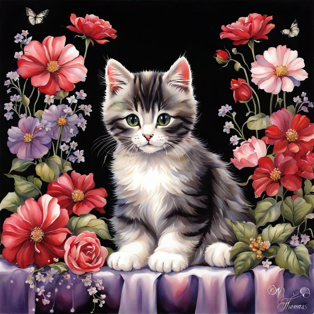Cute Cat on Pillow Surrounded by Flowers