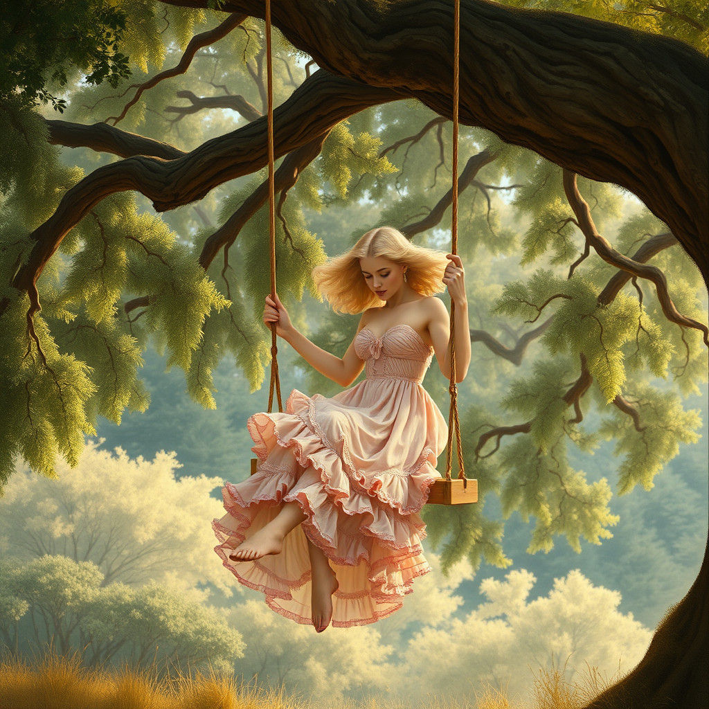 Blonde Woman Swings in Delicate Pink Dress among Whimsical T...