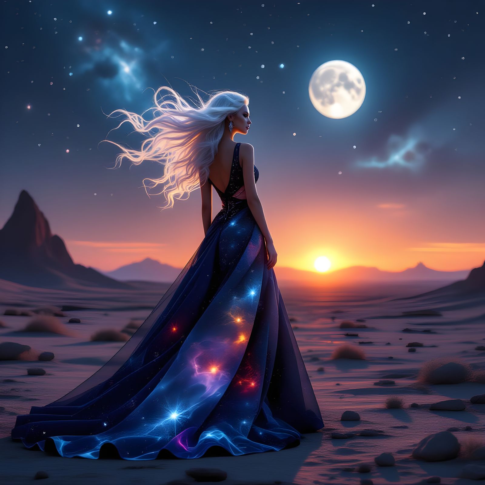 A striking woman with hair like spun moonlight, wearing an a...