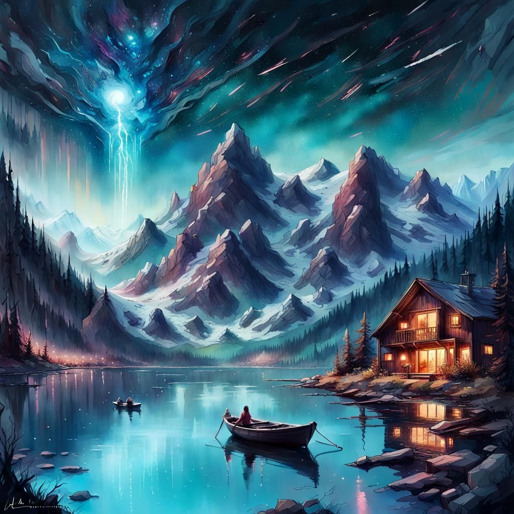 Magical Night Landscape with Lake and Cabins