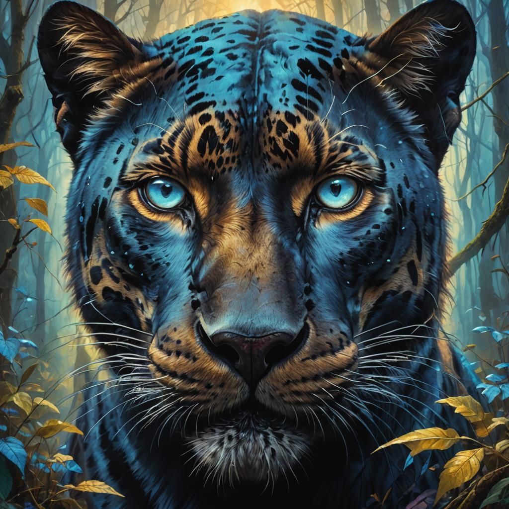 Mystical Blue-Eyed Panther in Fantasy Forest