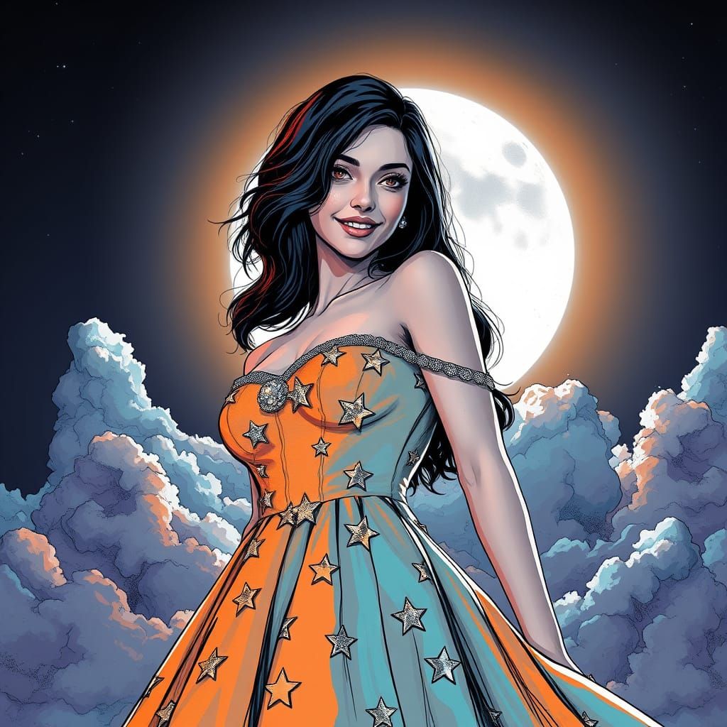 Goddess in Starry Black and White Line Art