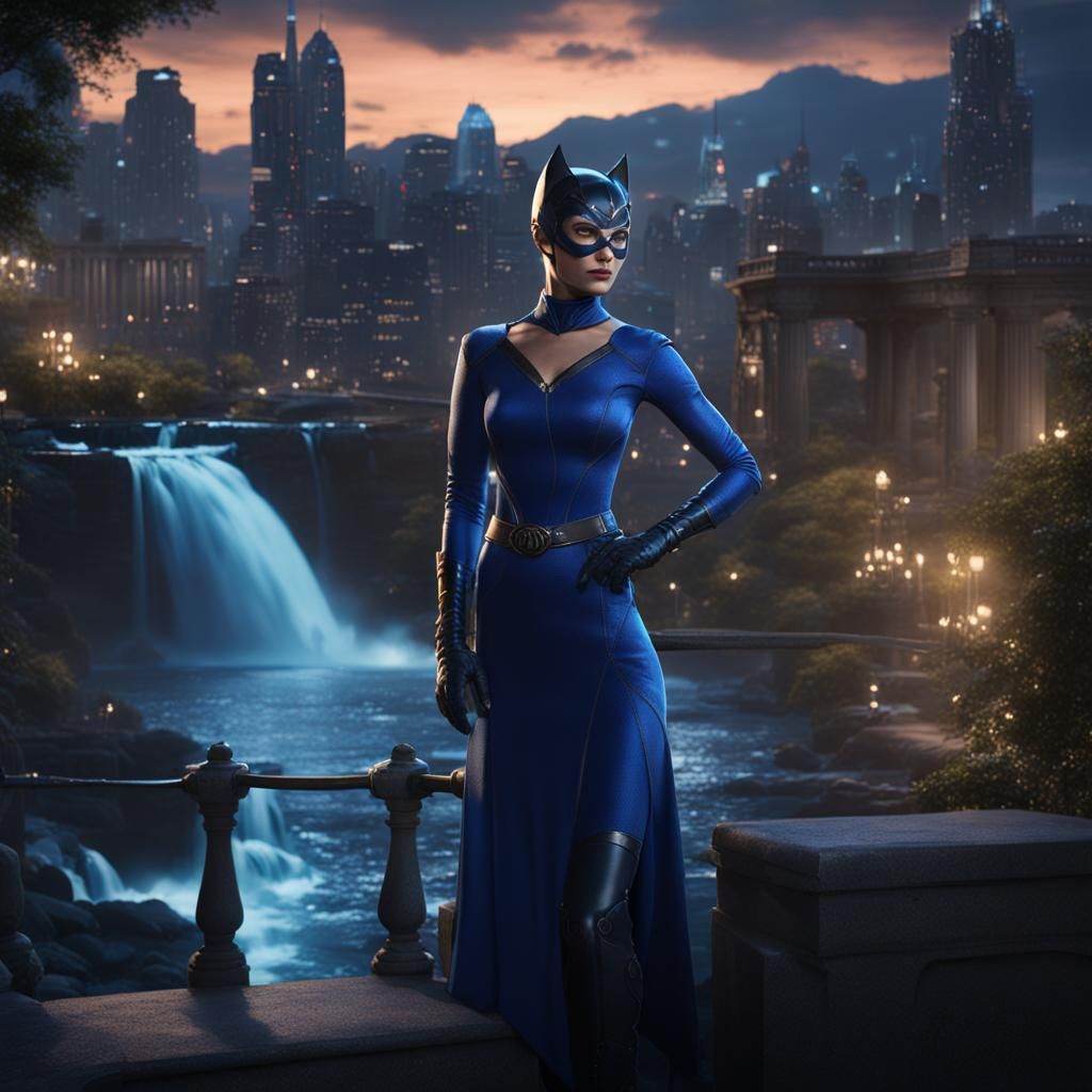 Catwoman in Blue Dress by Waterfall Cityscape