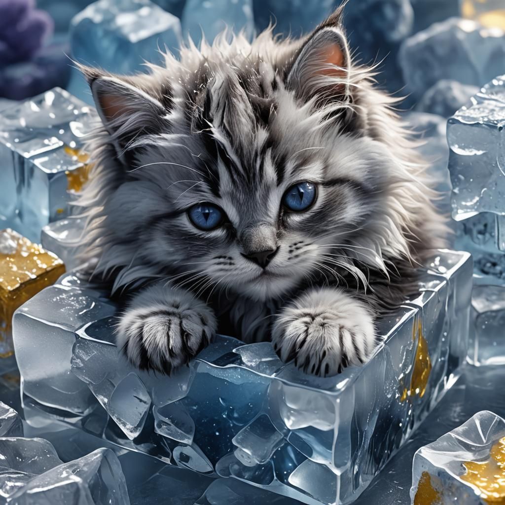 Sleeping Kitten on Ice Cube in CGI Cartoon Style