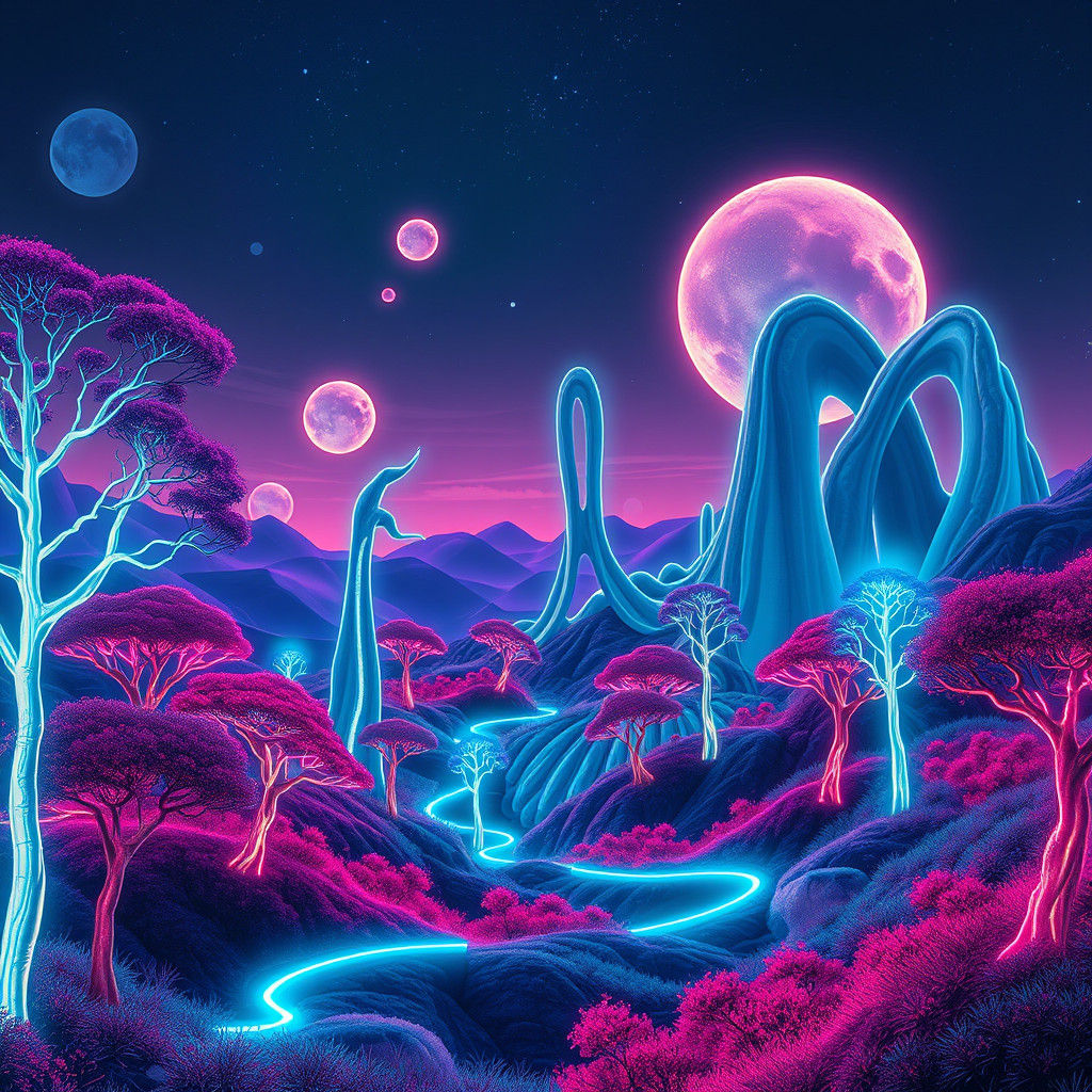Surreal Landscape with Luminous Shapes and Neon Lines