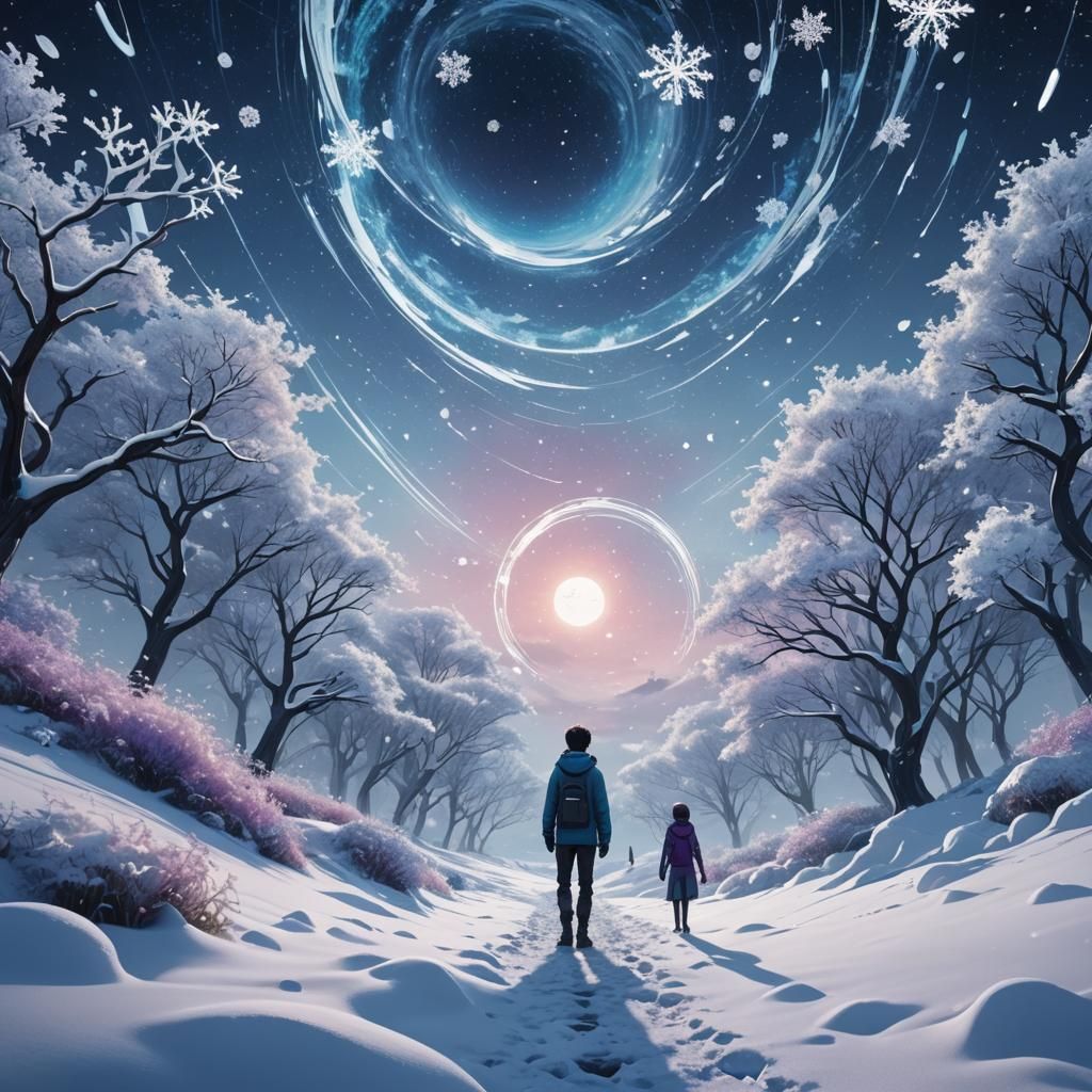 Futuristic Snow World with Distant Galaxy, 3D Anime Art