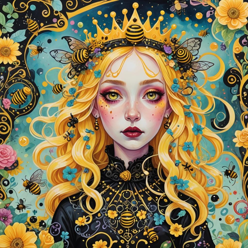 Cute Goth Girl with Bees in Gouache Style