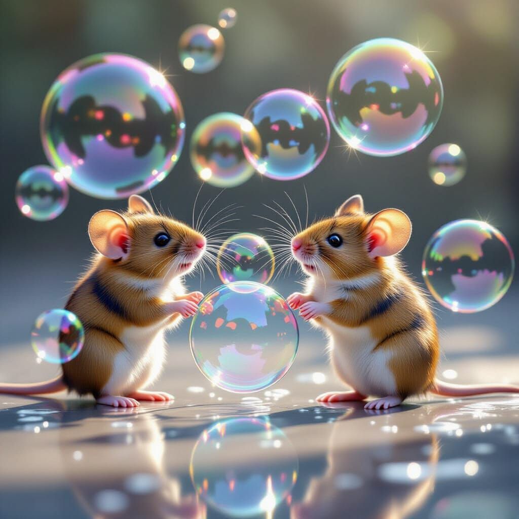 Mice Blowing Soap Bubbles: Realistic Colorful Rendering
