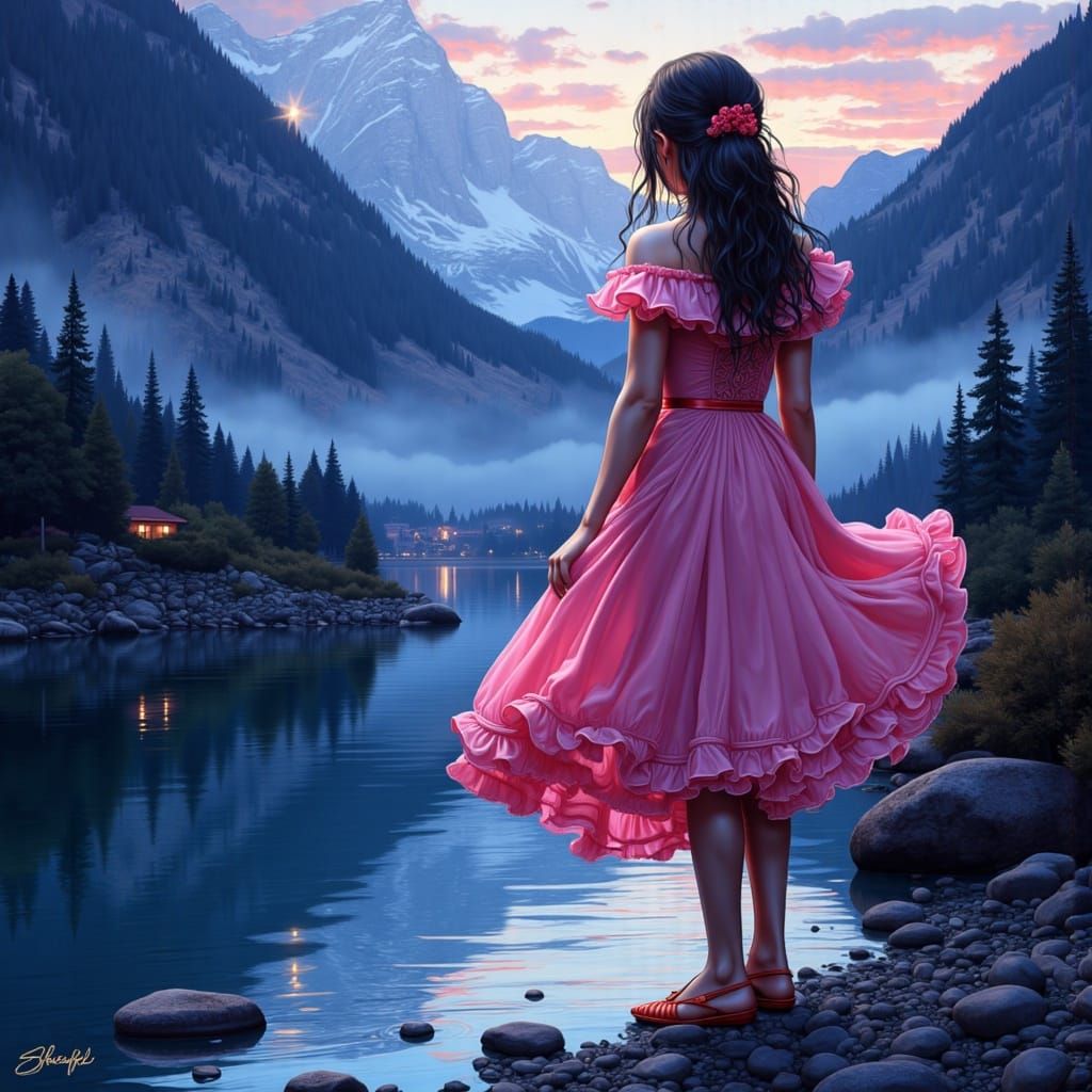 Elegant Woman in Red by Frozen Lake, Volumetric Lighting