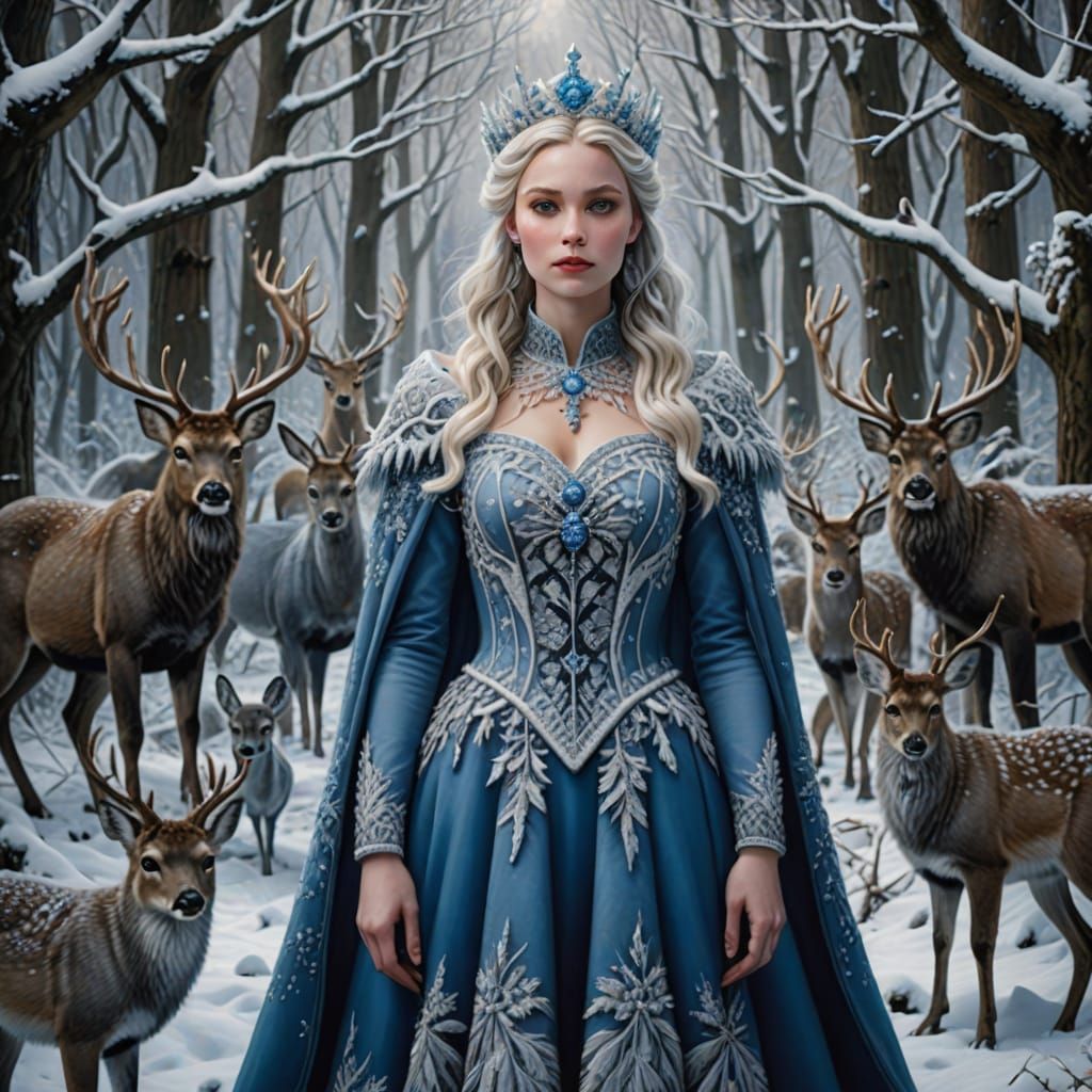 Realistic Snow Queen in Elegant Blue Gown with Forest Animal...
