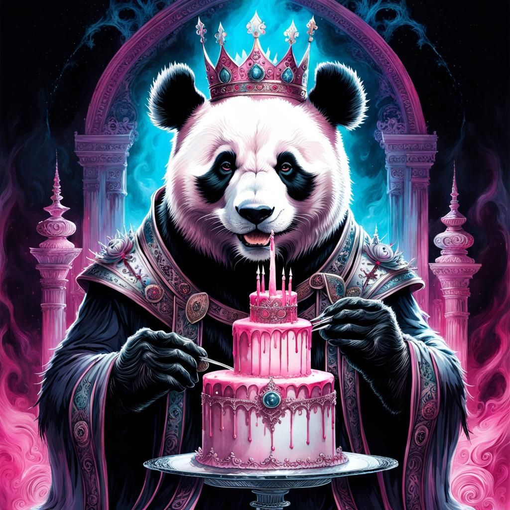 Panda King Celebrates with Cake in Ethereal Hall