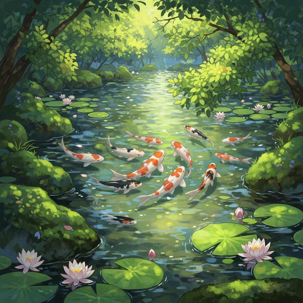 Serene Koi Pond in Impressionistic Japanese Style