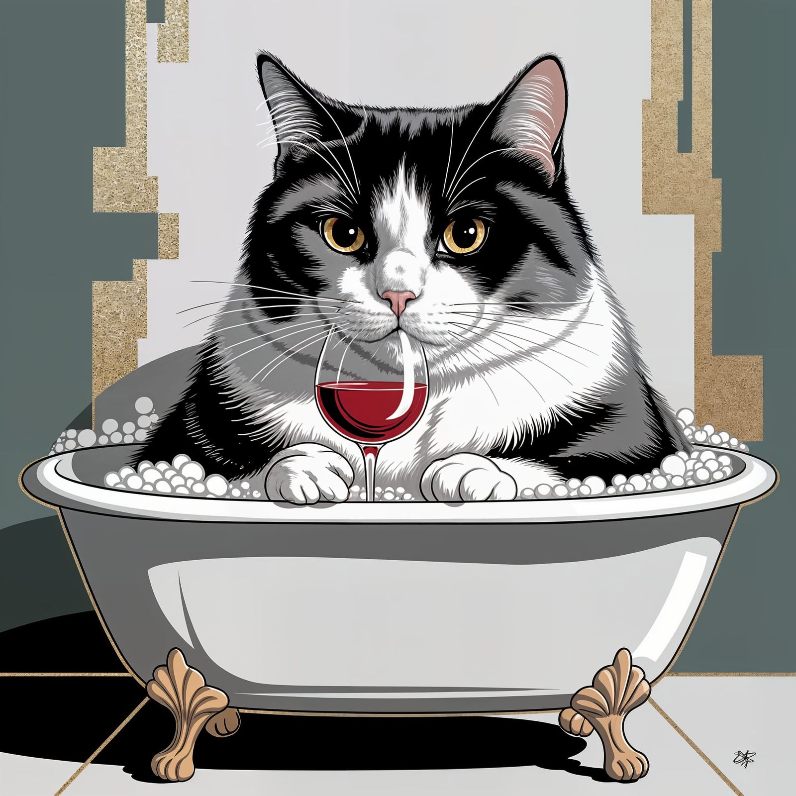 Cat Sipping Wine in Glitter Bath, Gouache and Acrylic