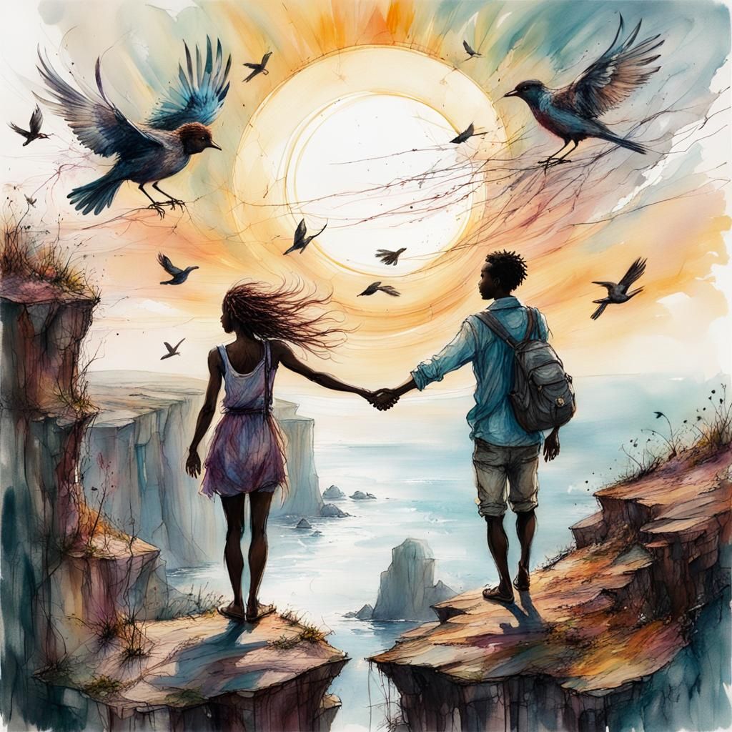 Whimsical Sunset: Couple Holding Hands, Carne Griffiths Styl...