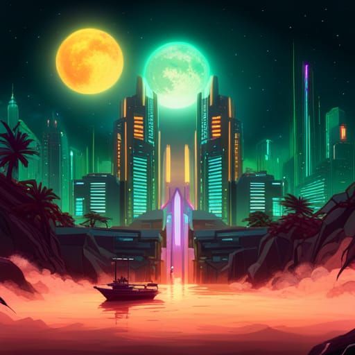 Cyberpunk Boat Sails Above Glowing Clouds