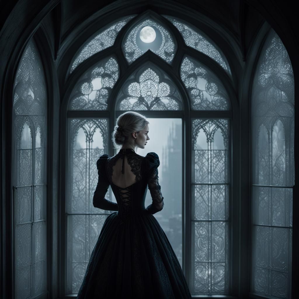 Gothic Woman in Moonlight: A Cinematic Film Still
