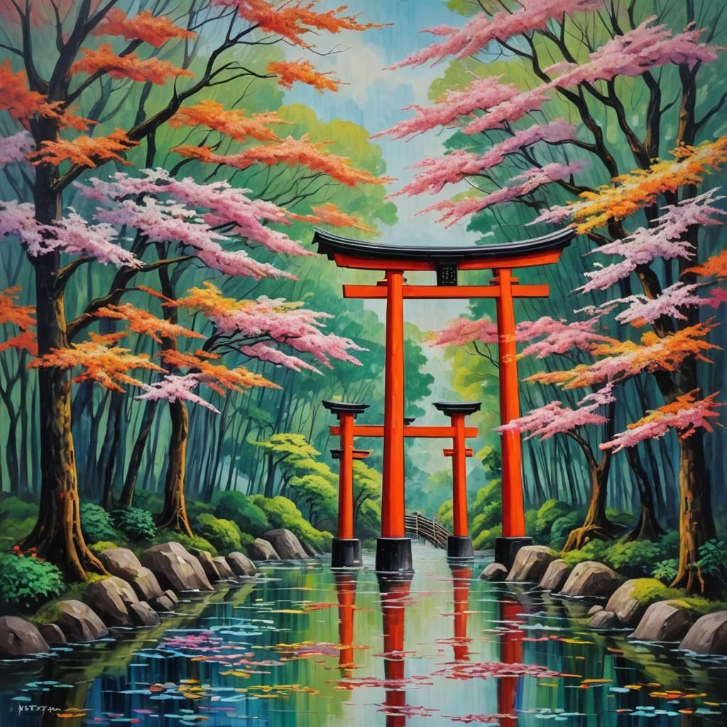 Torii Gate with Yokai in Expressionist Style