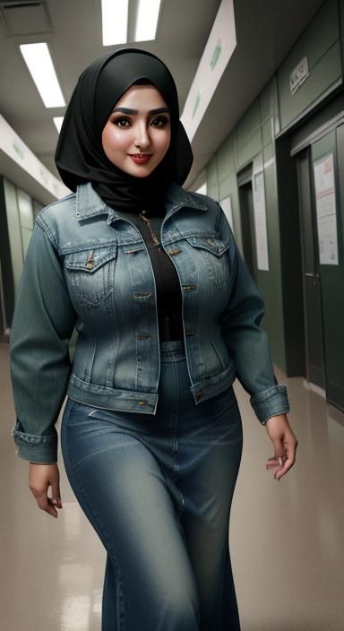 Curvy Arab Woman in Hijab Walking in Hospital