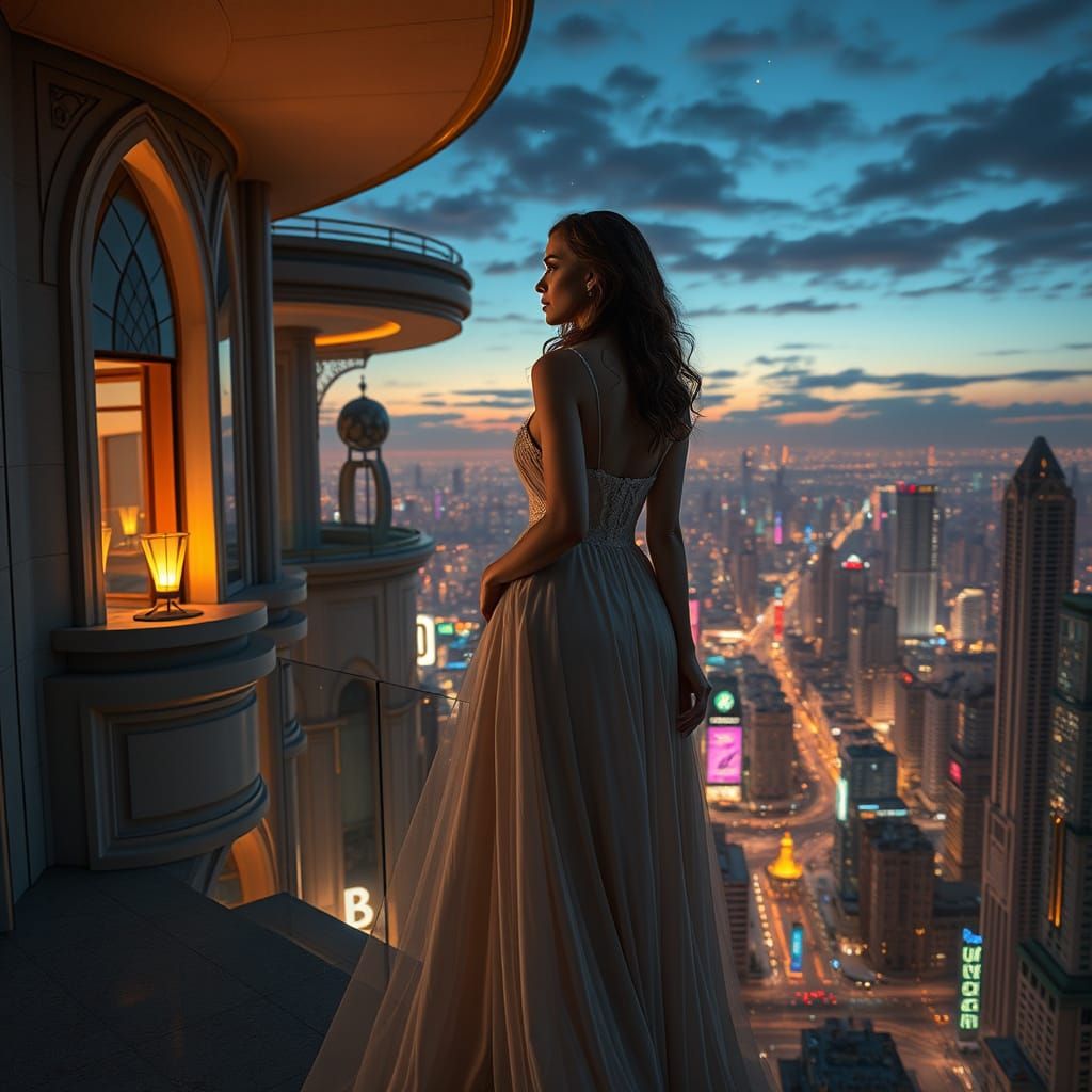 Macedonian Woman Gazing at Futuristic City