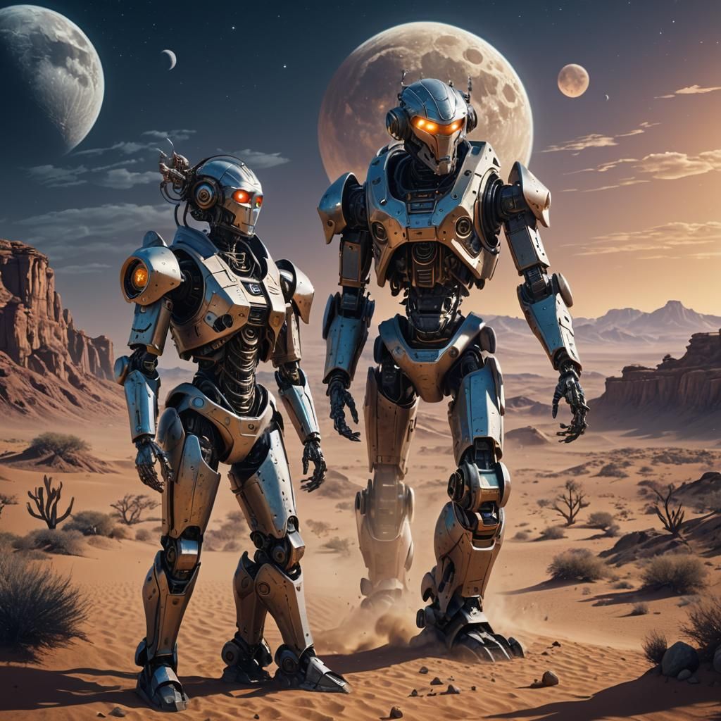 Robot and Woman Embrace on Moon in Detailed Painting