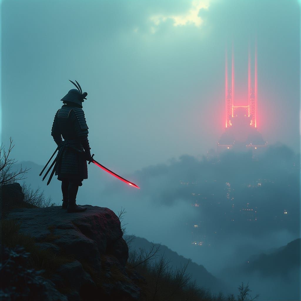 Samurai Gazing at Cyberpunk City in Film Grain