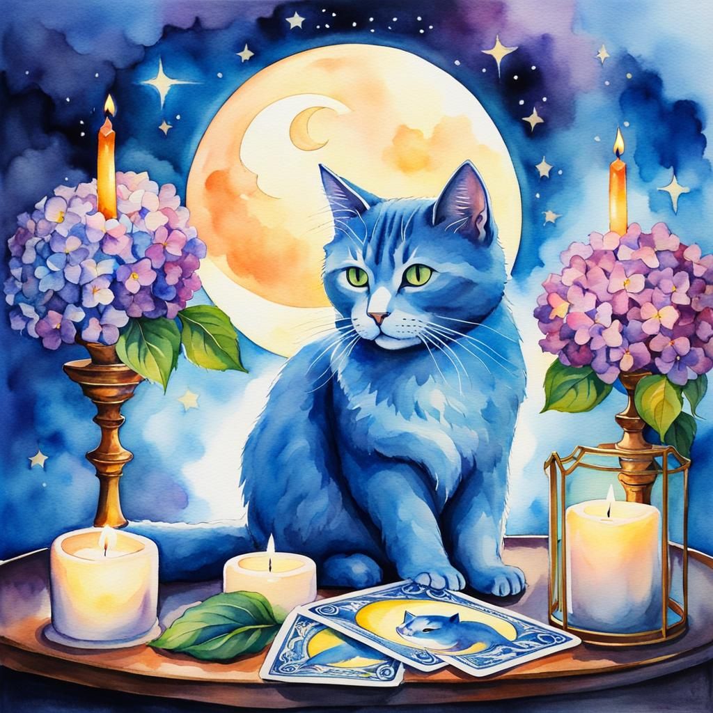 Watercolor Cat Tarot Card with Hydrangeas