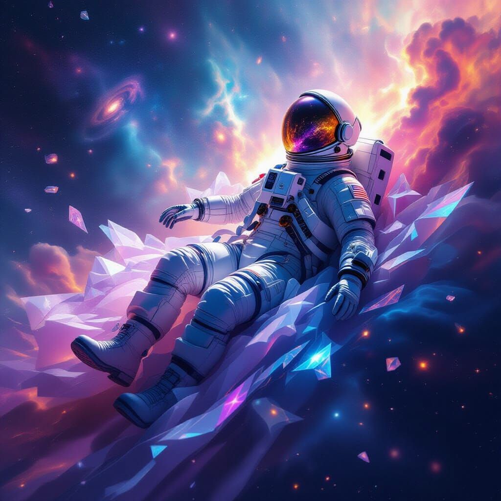 Astronaut in Crystalline Glass Gown Adrift in Cosmic Nebula