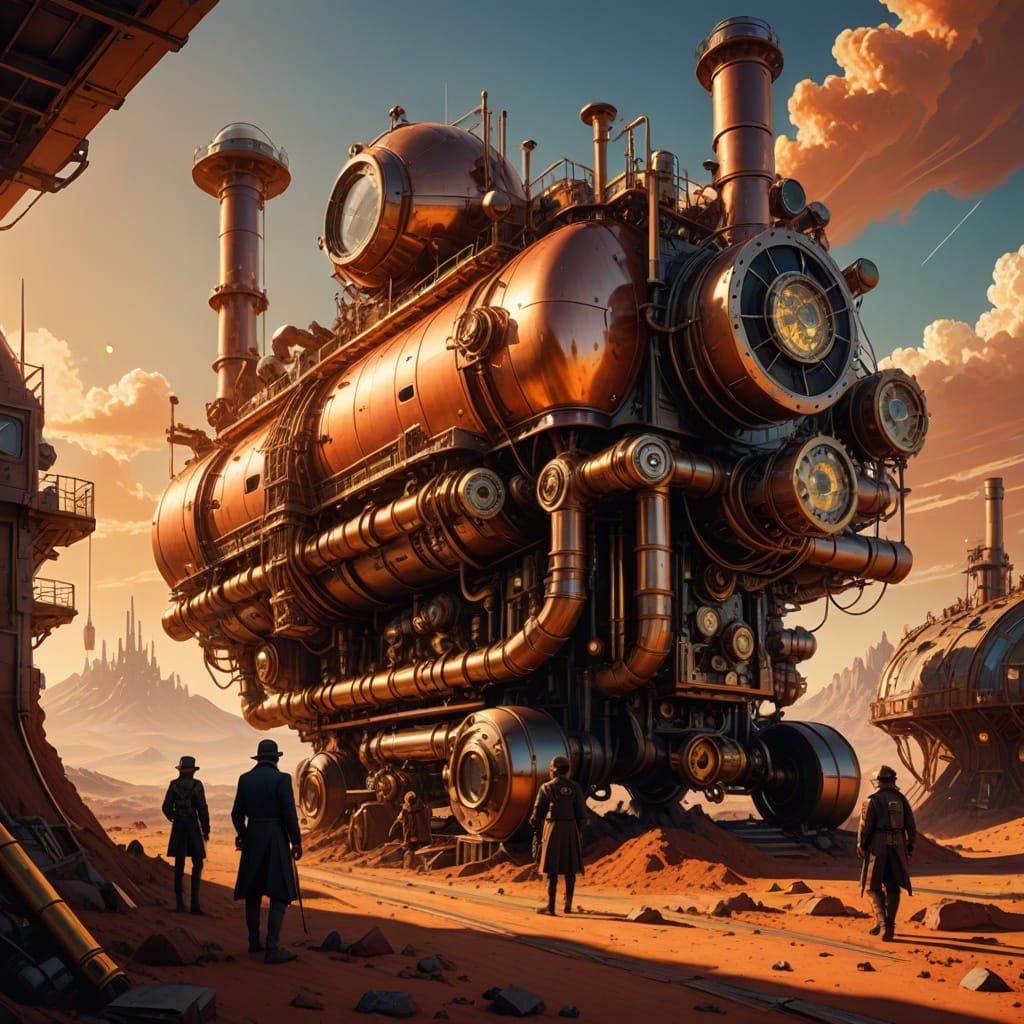 Surrealistic Solarpunk Settlement on Mars in Steampunk Style