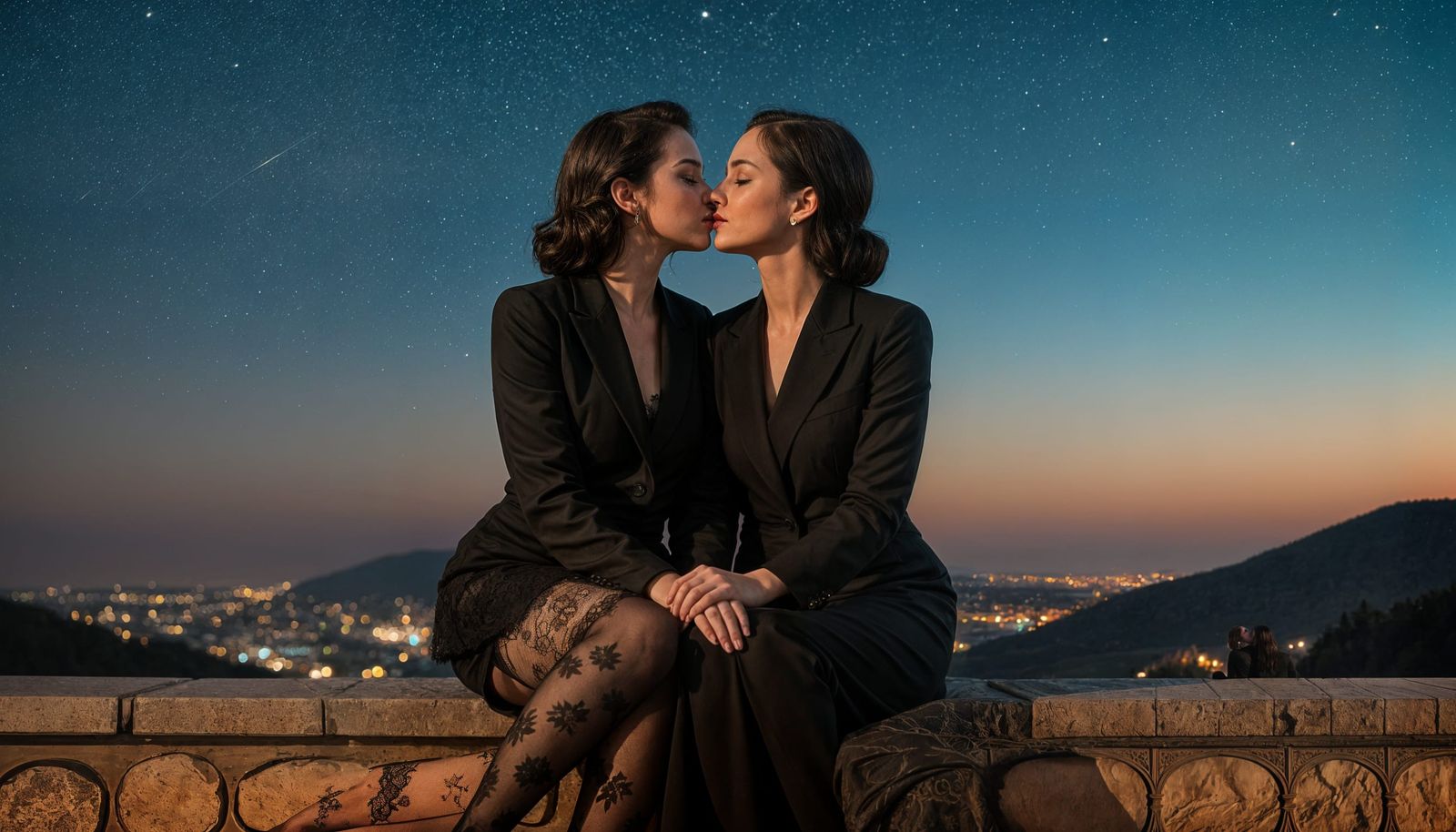 Cinematic Night Kiss: Elegant Couple in Photorealism