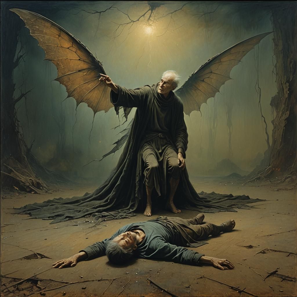 Eerie Dark Fantasy: Derelict Man and Glowing Fairy