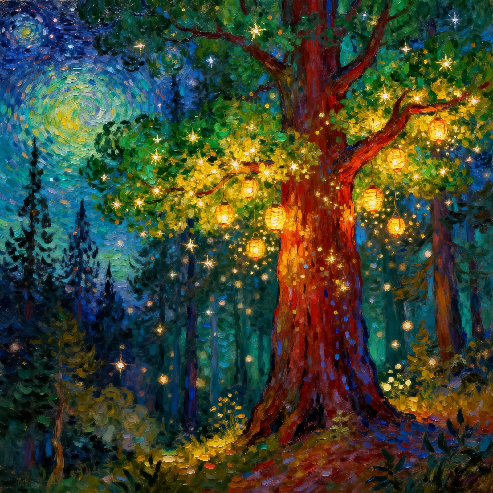 Giant Redwood Tree With Fairy Lanterns In Post-Impressionist...