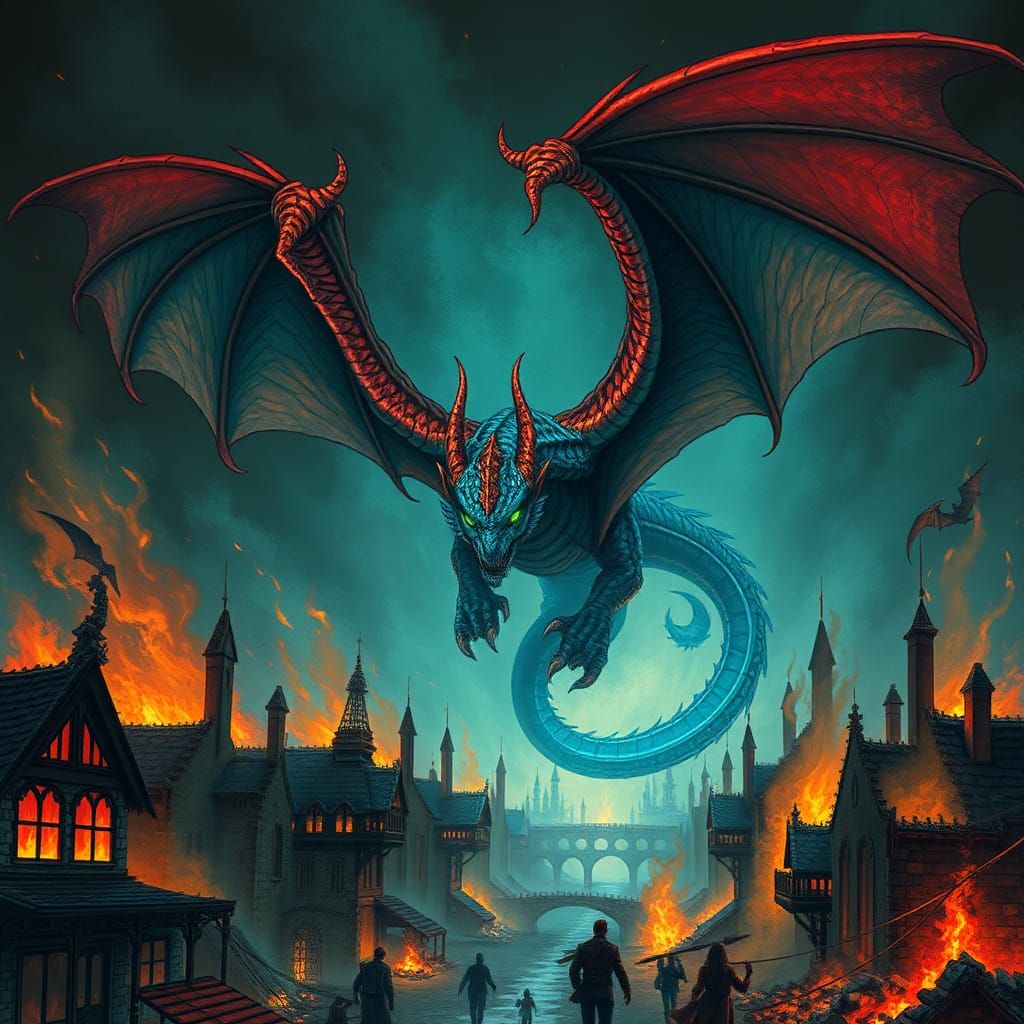 Blue Dragon Over Burning City, Gothic Fantasy Art