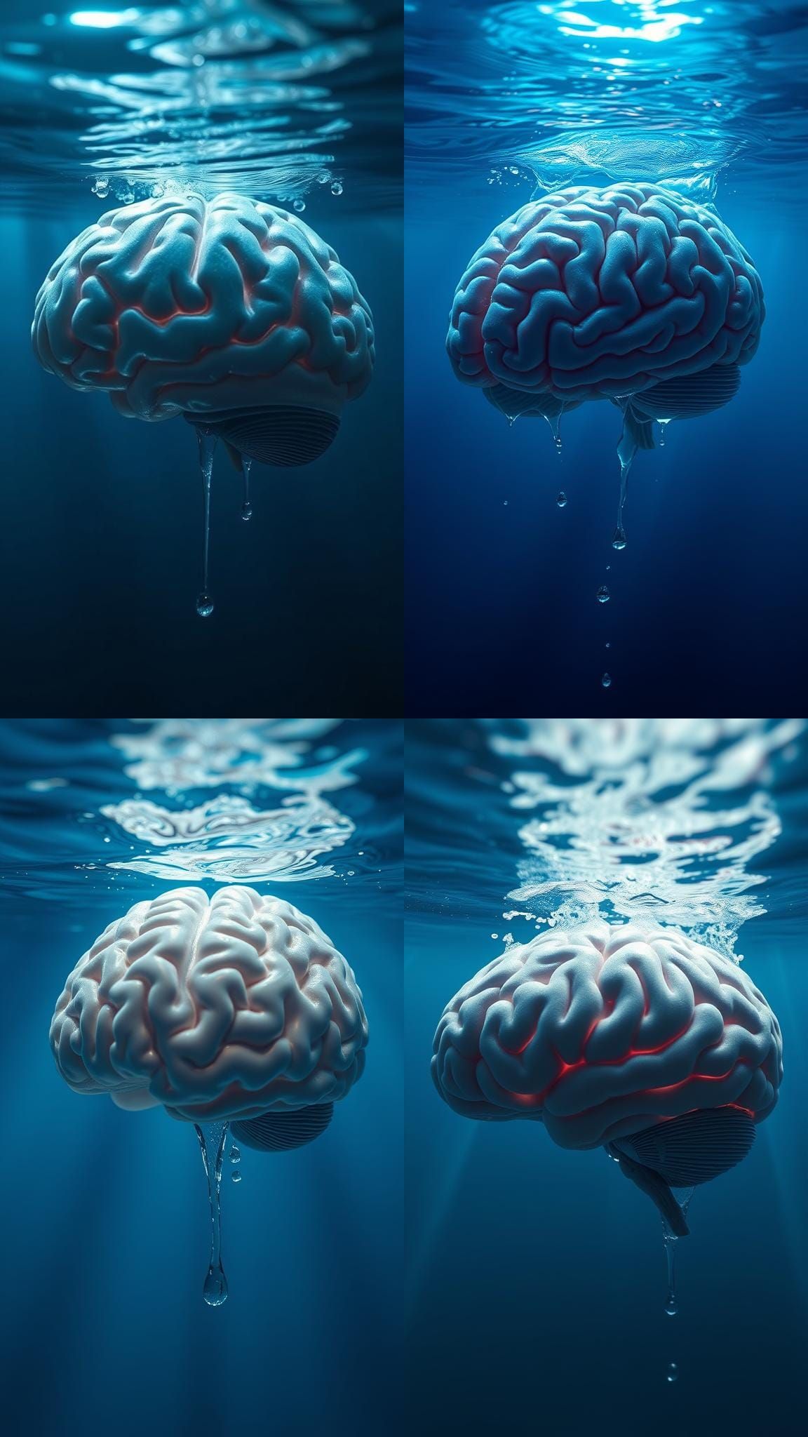 Glass Brain Submerged in Deep Blue Water