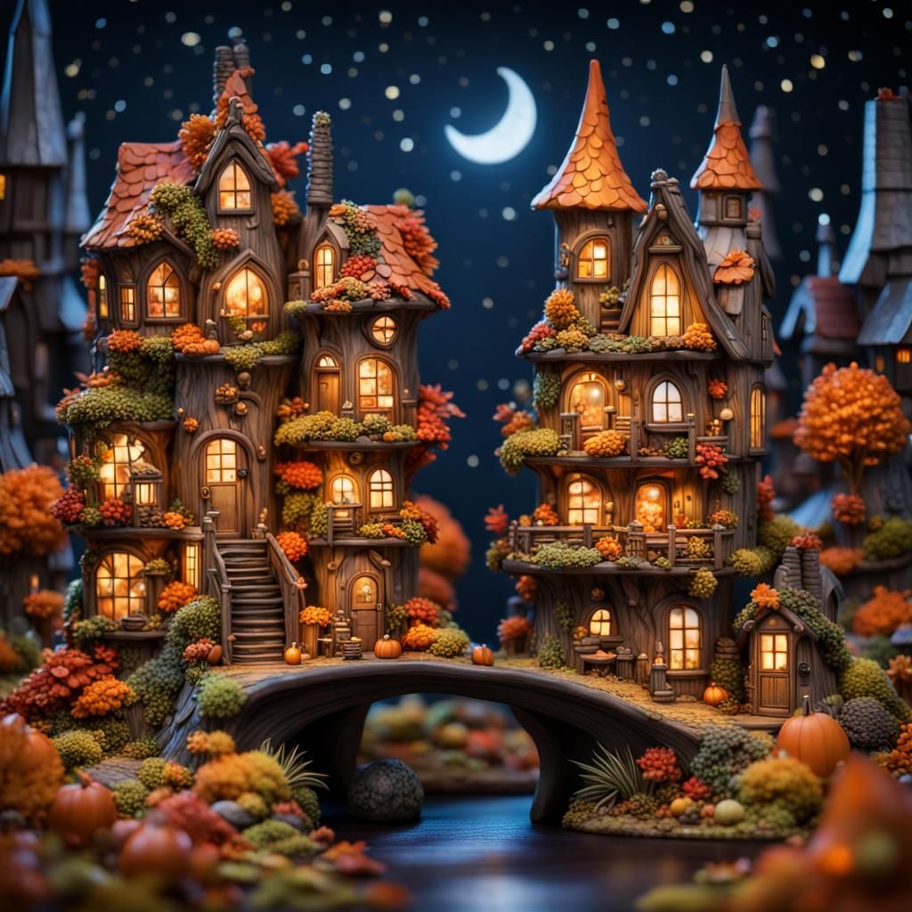 Enchanting Fairy Village in Autumn, High Detail