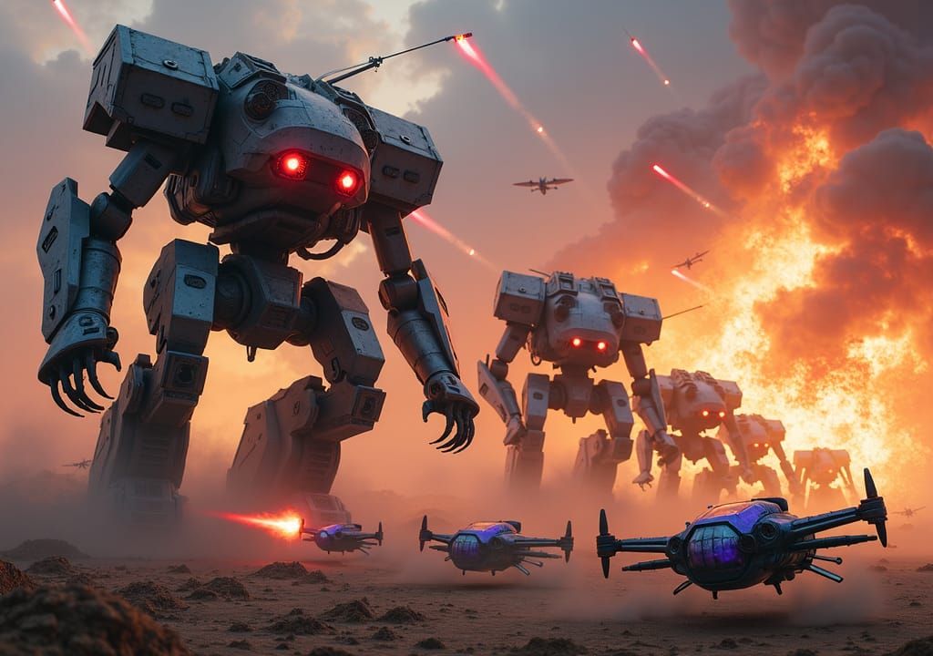 Mechanical Warriors Clash in a Fiery Battlefield